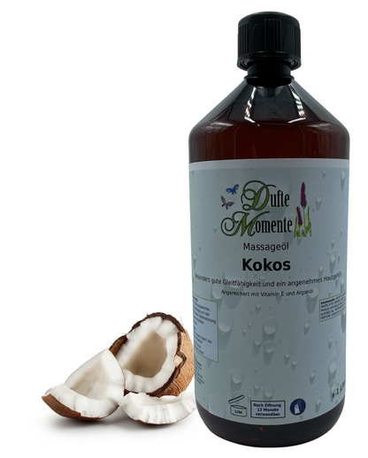 Massageöl 1 Liter Kokos mit visualisierten Bestandteilen
