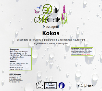 Massageöl-Etikett 1 Liter Kokos