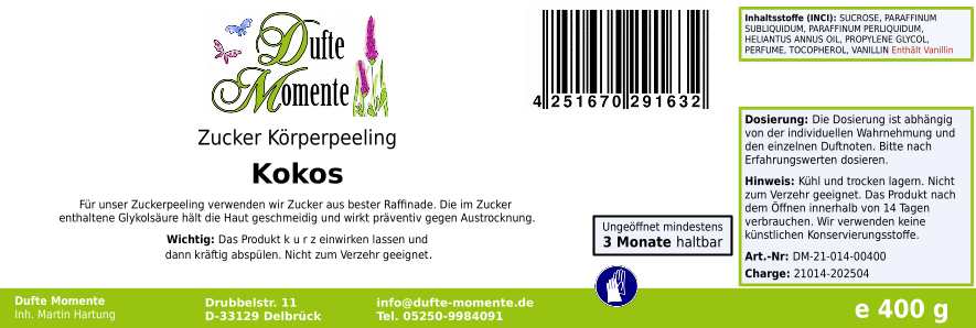 Kokos - 400g Zucker Körperpeeling, für empfindliche Haut