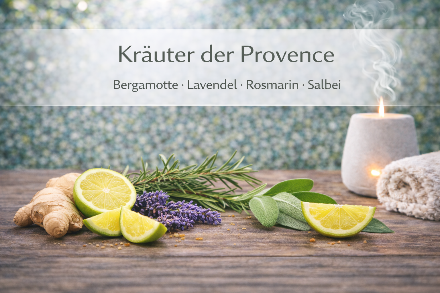 Ätherische Ölmischung Kräuter der Provence mit Lavendel und Rosmarin in Wellness Atmosphäre