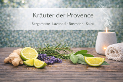 Ätherische Ölmischung Kräuter der Provence mit Lavendel und Rosmarin in Wellness Atmosphäre