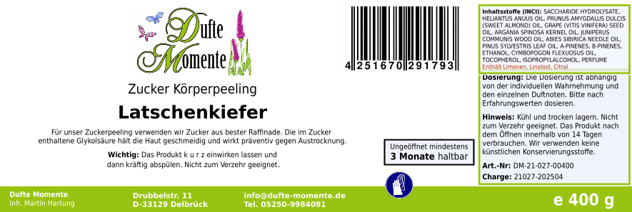 Latschenkiefer - 400g Zucker Körperpeeling, für empfindliche Haut