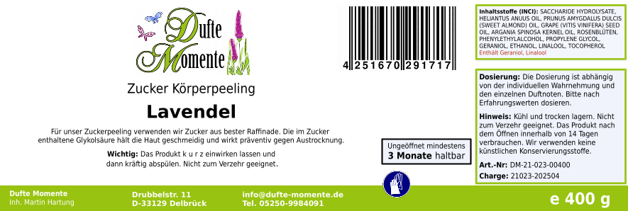 Lavendel - 400g Zucker Körperpeeling, für empfindliche Haut