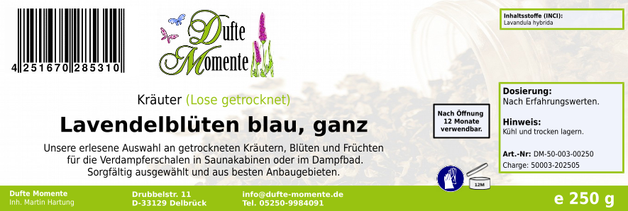Getrocknete Kräuter Etikett 250g ganze Lavendelblüten, blau