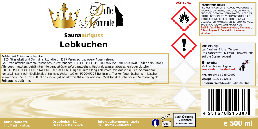 Saunaduft Konzentrat 500 ml Etikett Lebkuchen