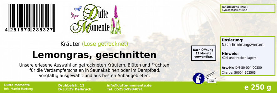 Getrocknete Kräuter Etikett 250g Lemongras geschnitten