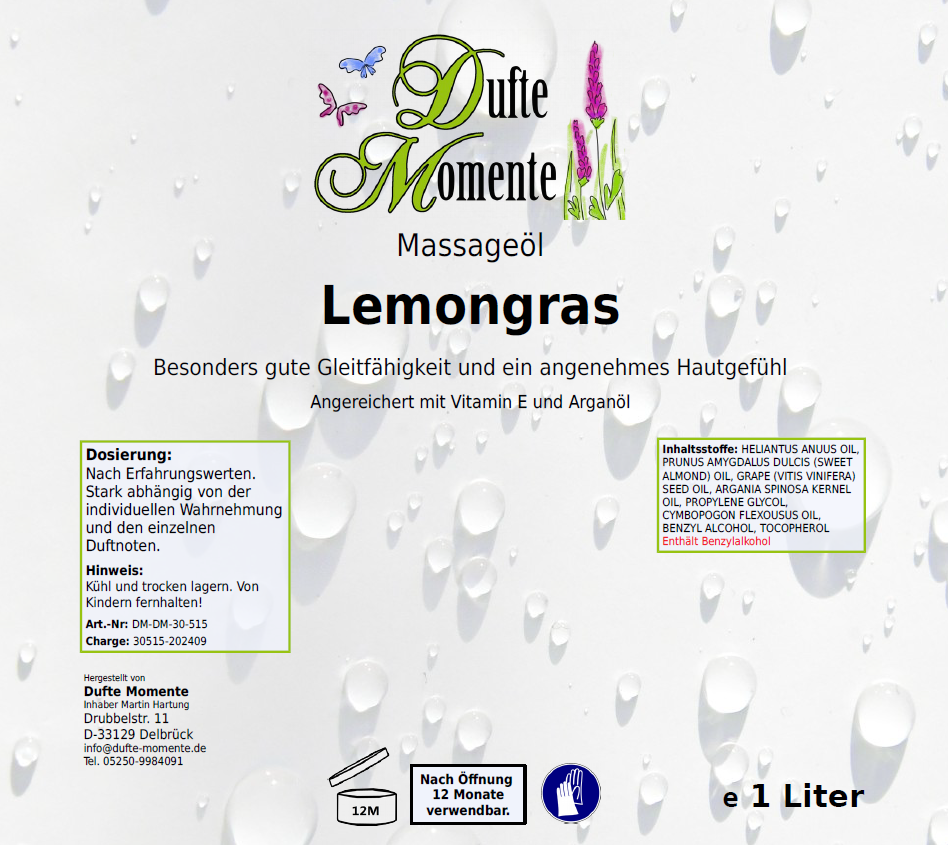 Massageöl-Etikett 1 Liter Lemongras