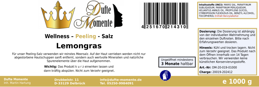 Lemongras - 1 kg Salz Körperpeeling, mit BIO-Meersalz