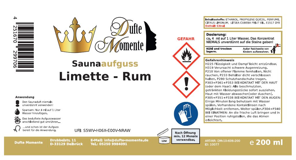 Saunaduft Konzentrat Etikett 200 ml Limette Rum