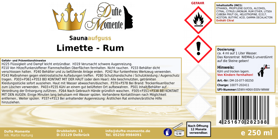 Saunaduft Konzentrat 250 ml Etikett Limette - Rum