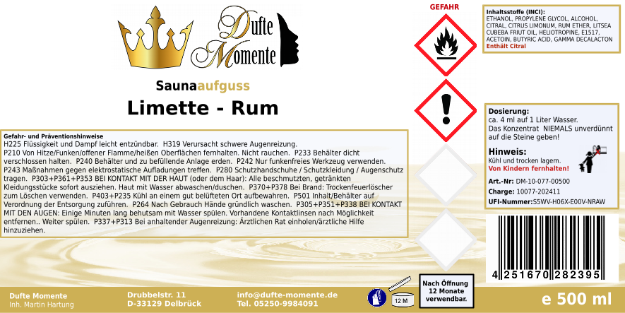 Saunaduft Konzentrat 500 ml Etikett Limette - Rum