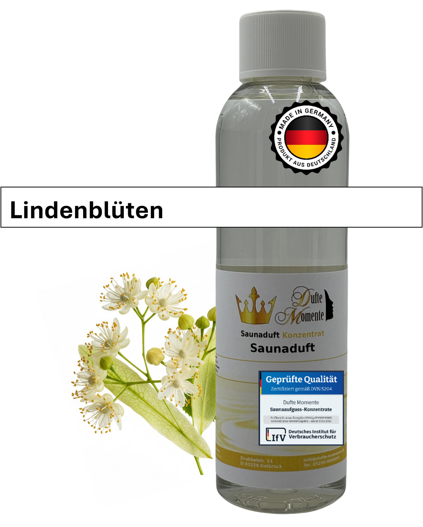 Saunaduft Lindenblüten in 250ml Flasche mit Lindenblüten und Duftbanner