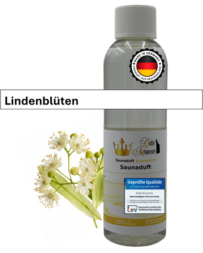 Saunaduft Lindenblüten in 250ml Flasche mit Lindenblüten und Duftbanner