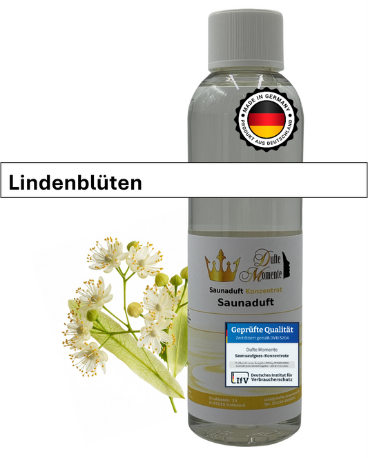 Saunaduft Lindenblüten in 250ml Flasche mit Lindenblüten und Duftbanner