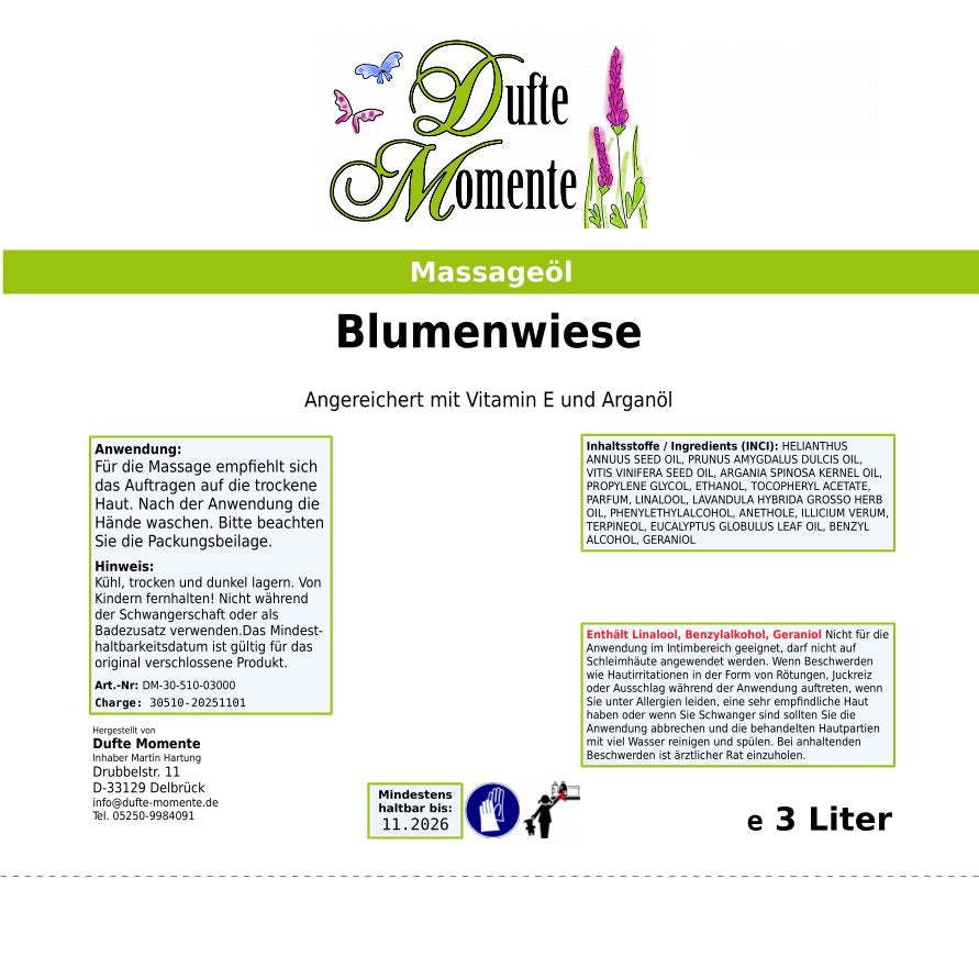 Etikett Massageöl Blumenwiese 3 Liter