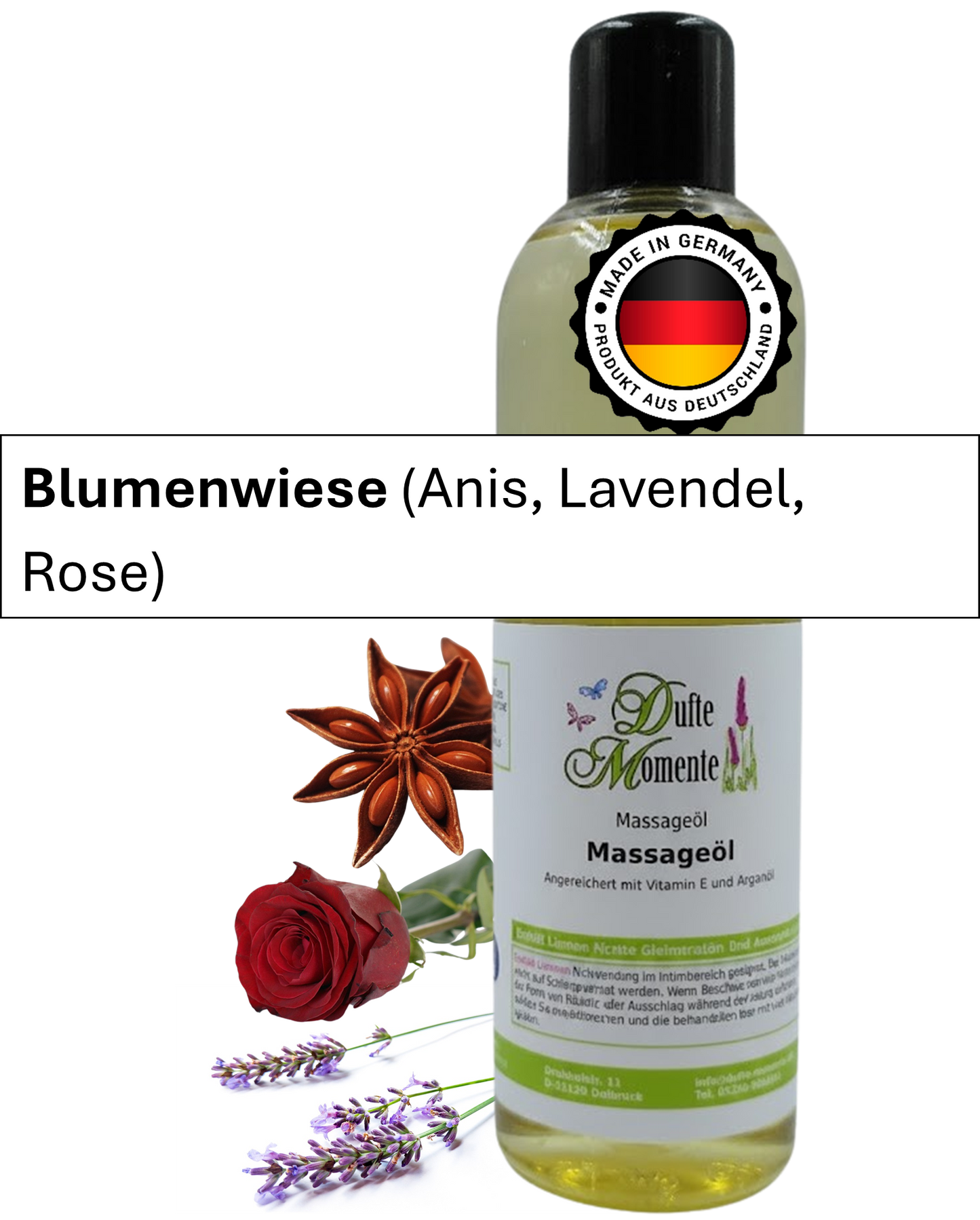 Massageöl 250ml Flasche mit Duftbanner Blumenwiese