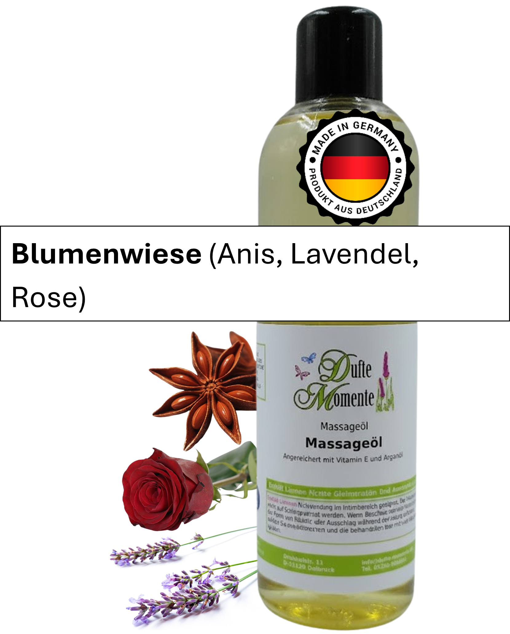 Massageöl 250ml Flasche mit Duftbanner Blumenwiese