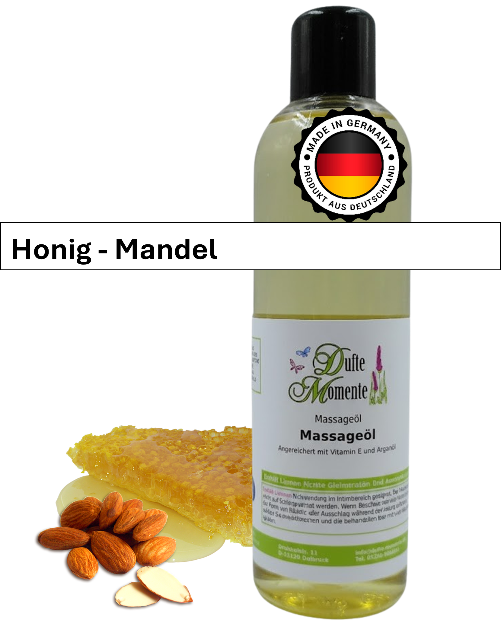 Massageöl 250ml Flasche mit Duftbanner Honig-Mandel