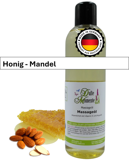 Massageöl 250ml Flasche mit Duftbanner Honig-Mandel