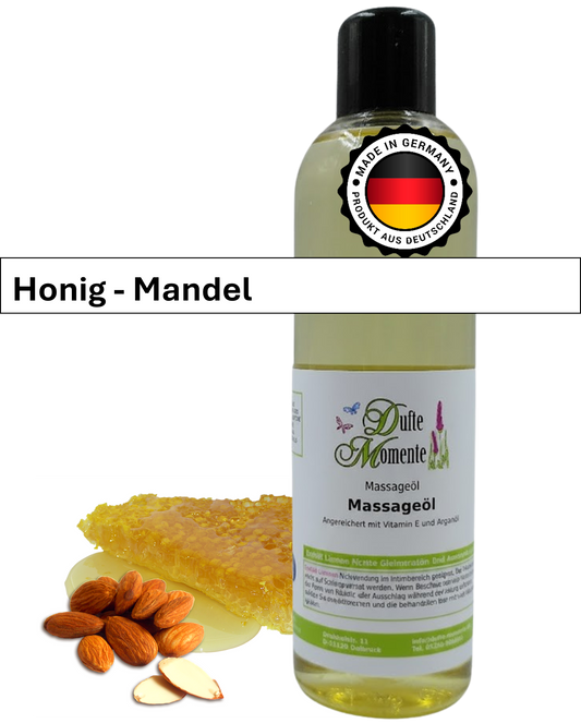 Massageöl 250ml Flasche mit Duftbanner Honig-Mandel