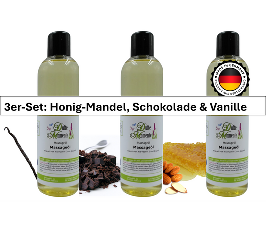 Sanfte Wärme Massageöl-Set | Honig-Mandel, Schokolade, Vanille | Paraffinölbasis | 3× 250 ml –3x 3 Liter
