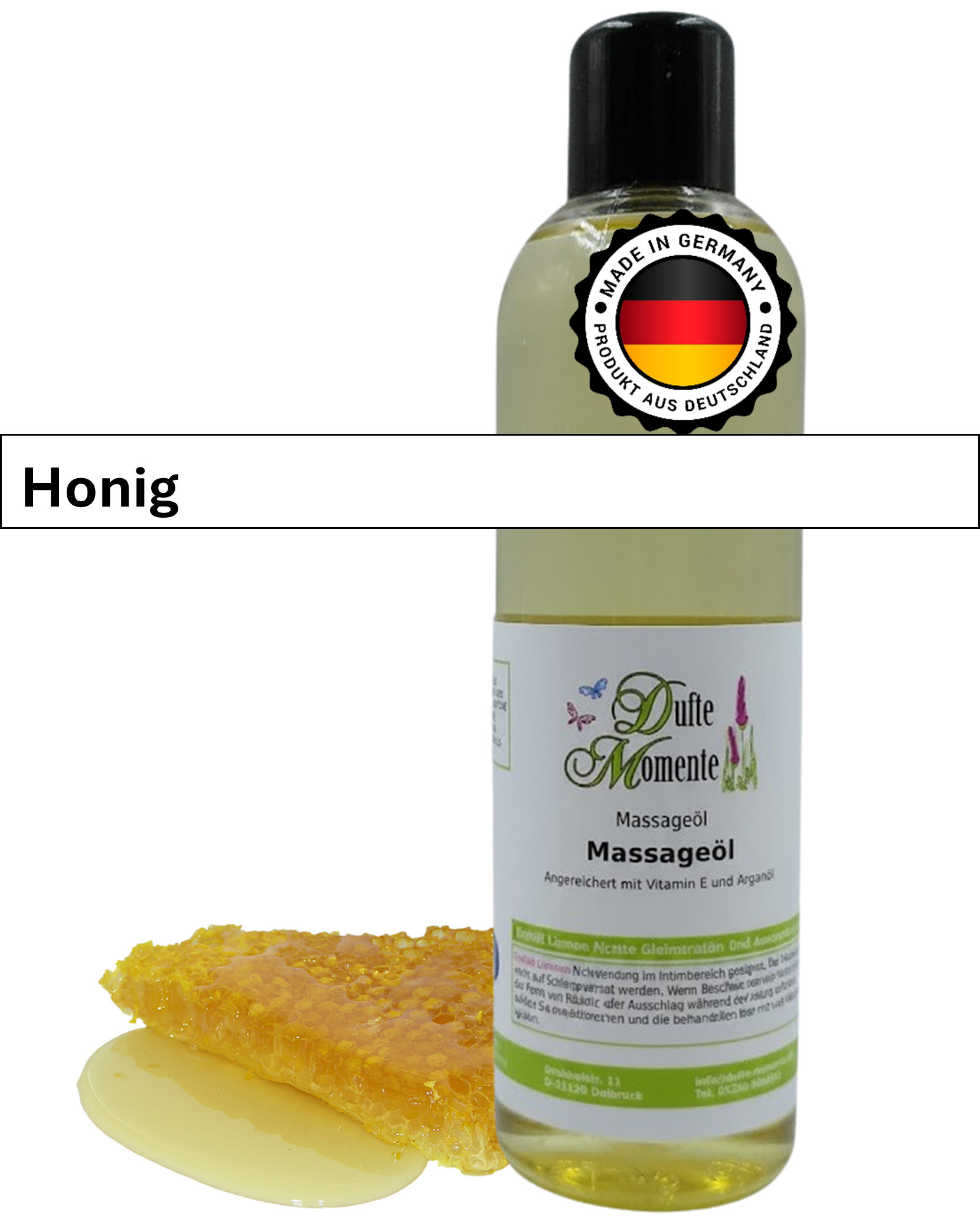 Massageöl 250ml Flasche mit Duftbanner Honig