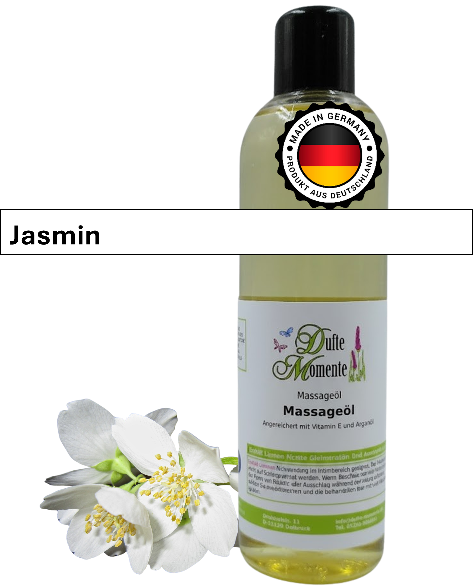 Massageöl 250ml Flasche mit Duftbanner Jasmin