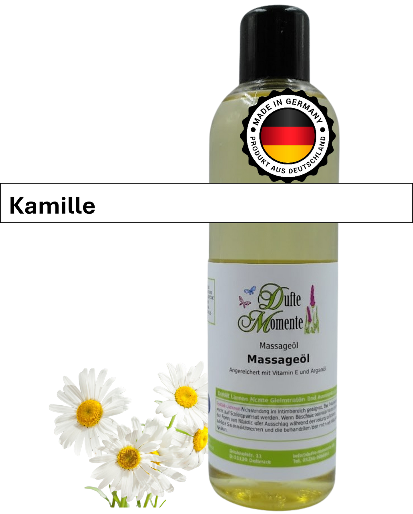 Massageöl 250ml Flasche mit Duftbanner Kamille