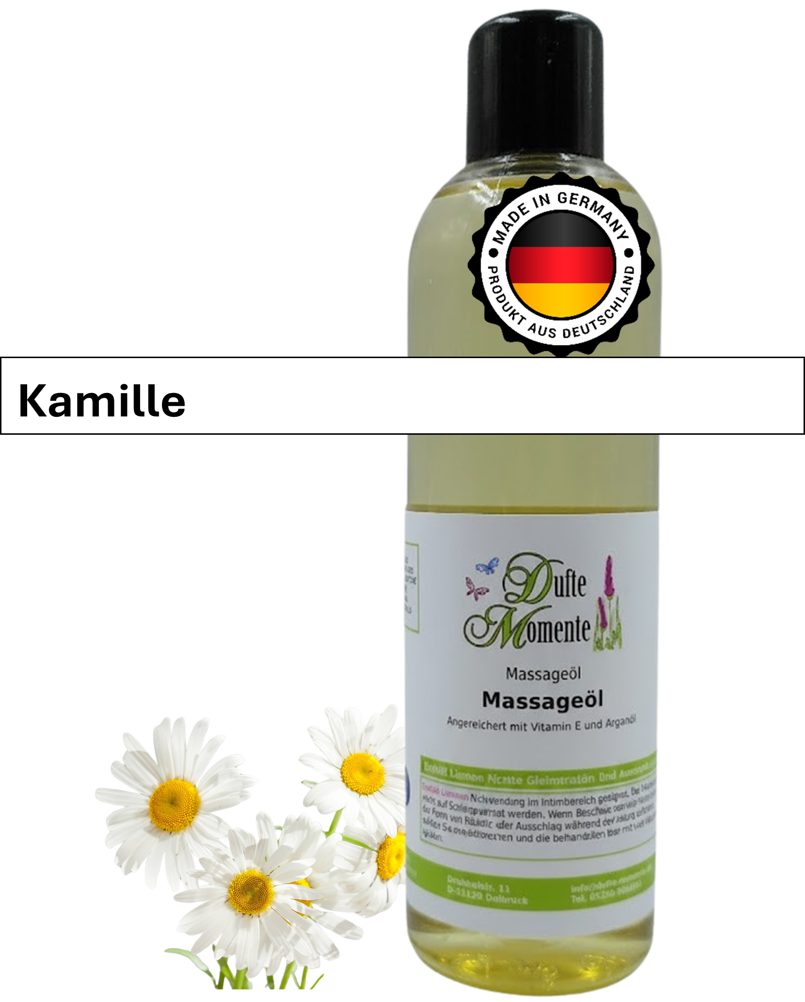Massageöl 250ml Flasche mit Duftbanner Kamille