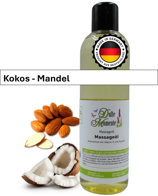 Massageöl 250ml Flasche mit Duftbanner Kokos-Mandel