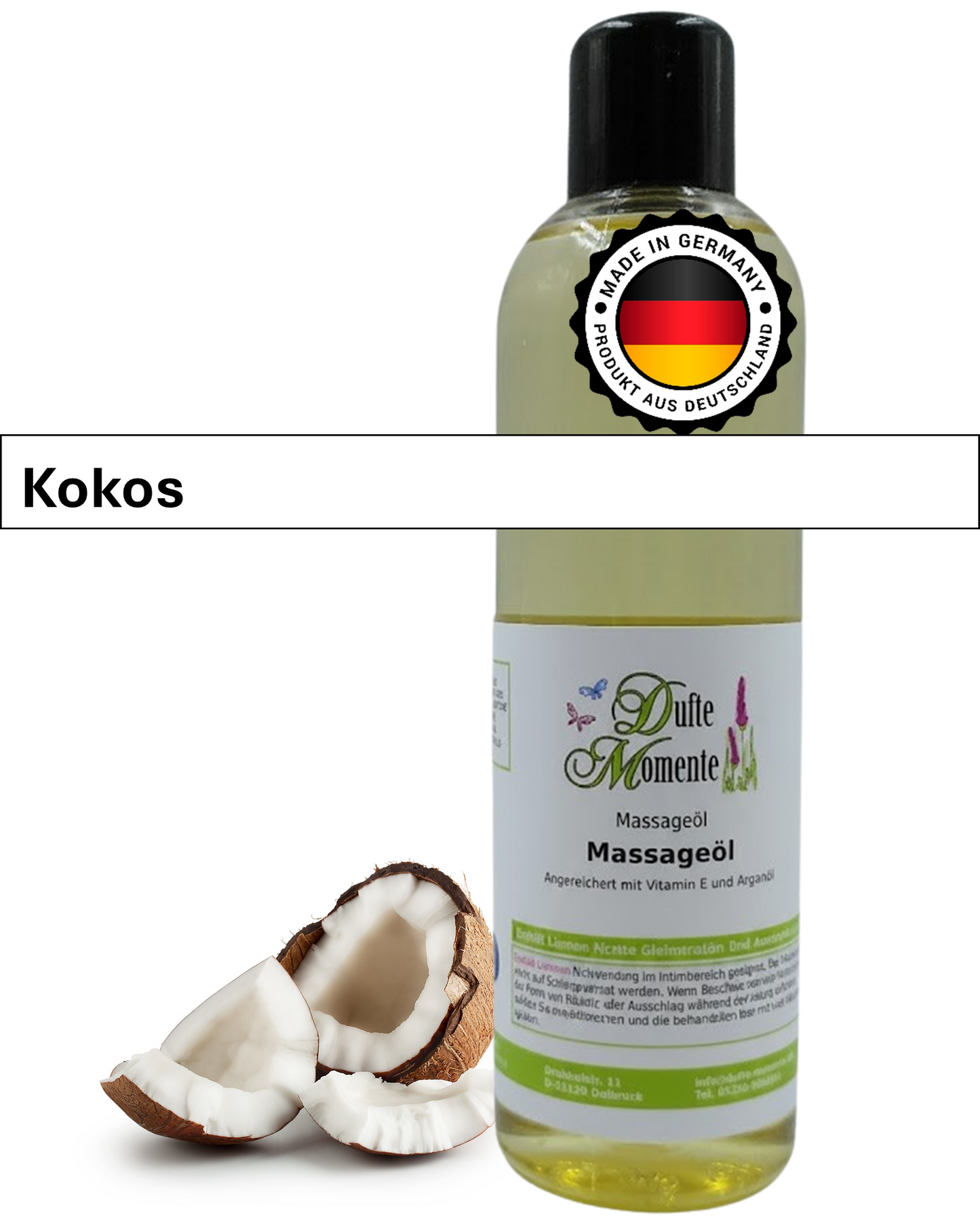 Massageöl 250ml Flasche mit Duftbanner Kokos