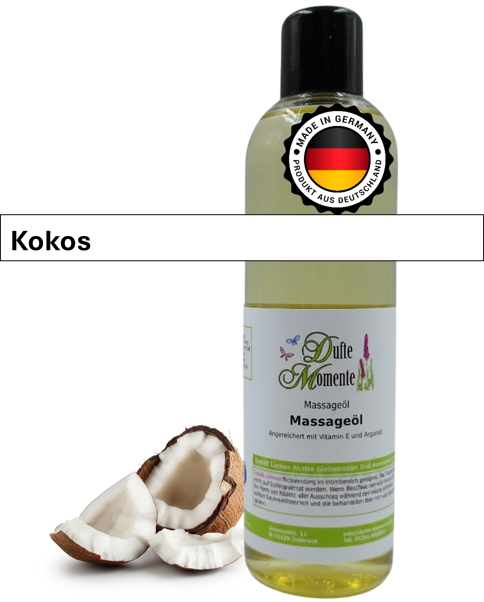 Massageöl 250ml Flasche mit Duftbanner Kokos