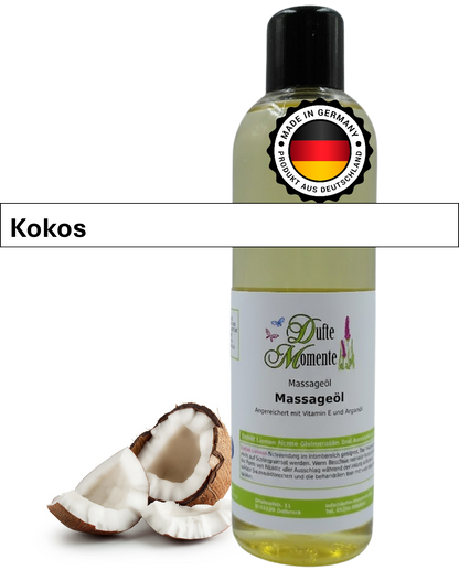 Massageöl 250ml Flasche mit Duftbanner Kokos