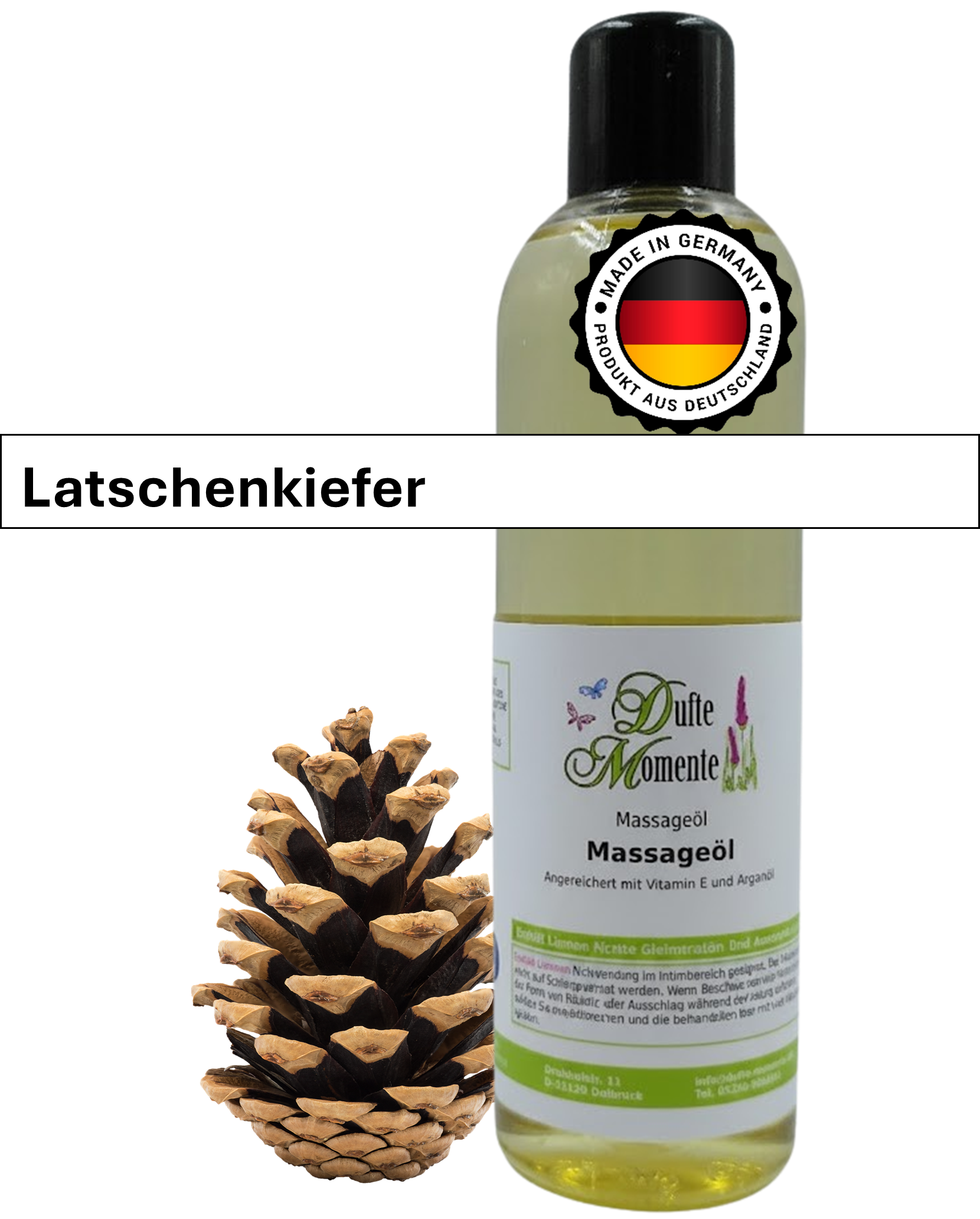 Massageöl 250ml Flasche mit Duftbanner Latschenkiefer