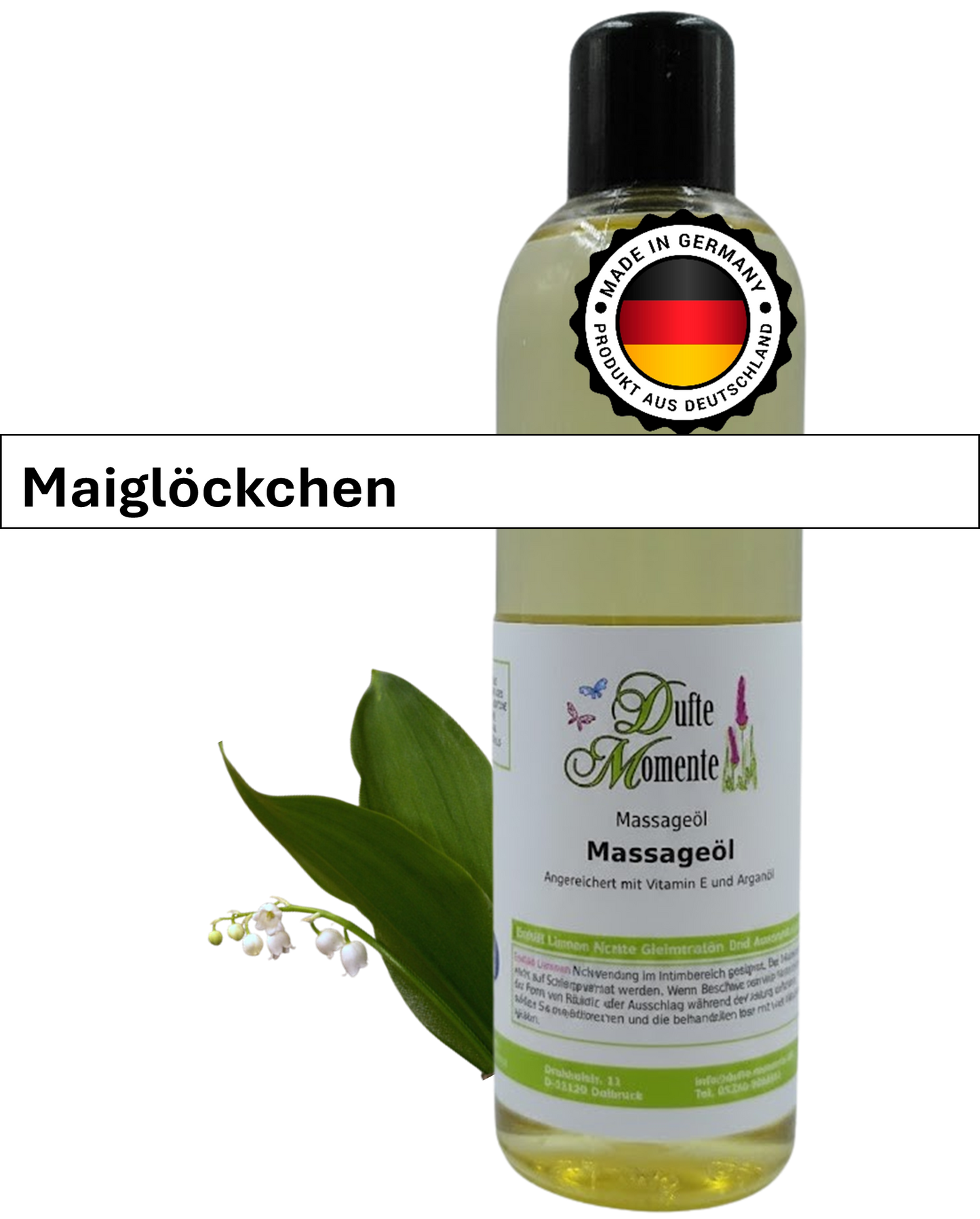 Massageöl 250ml Flasche mit Duftbanner Maiglöckchen