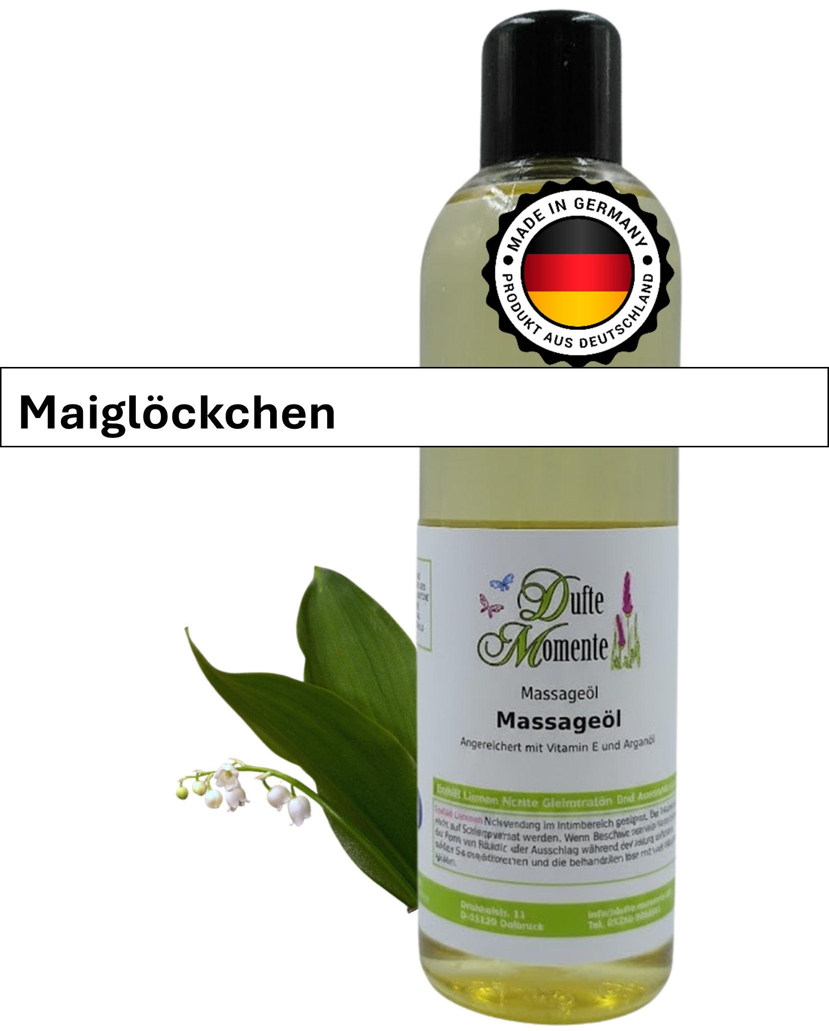 Massageöl 250ml Flasche mit Duftbanner Maiglöckchen