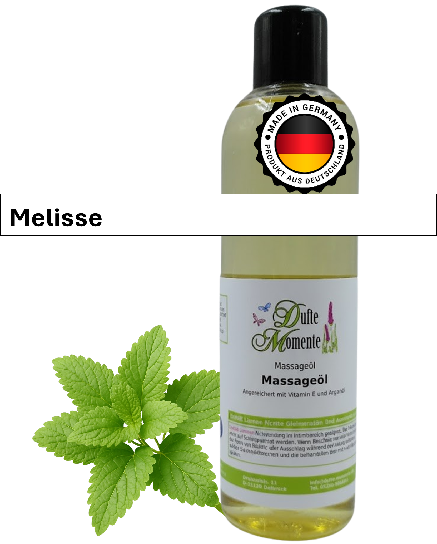 Massageöl 250ml Flasche mit Duftbanner Melisse