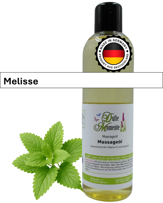 Massageöl 250ml Flasche mit Duftbanner Melisse