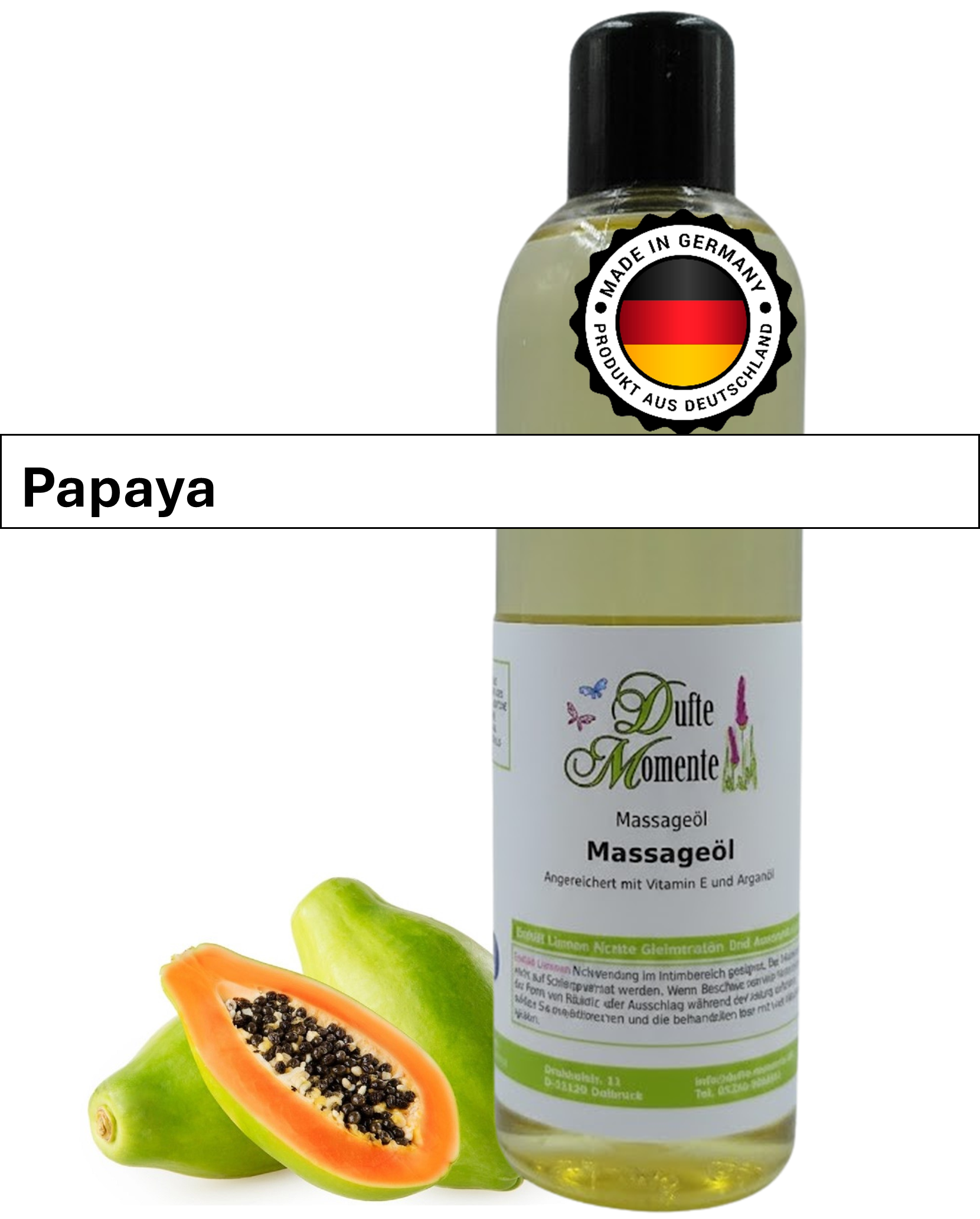 Massageöl 250ml Flasche mit Duftbanner Papaya