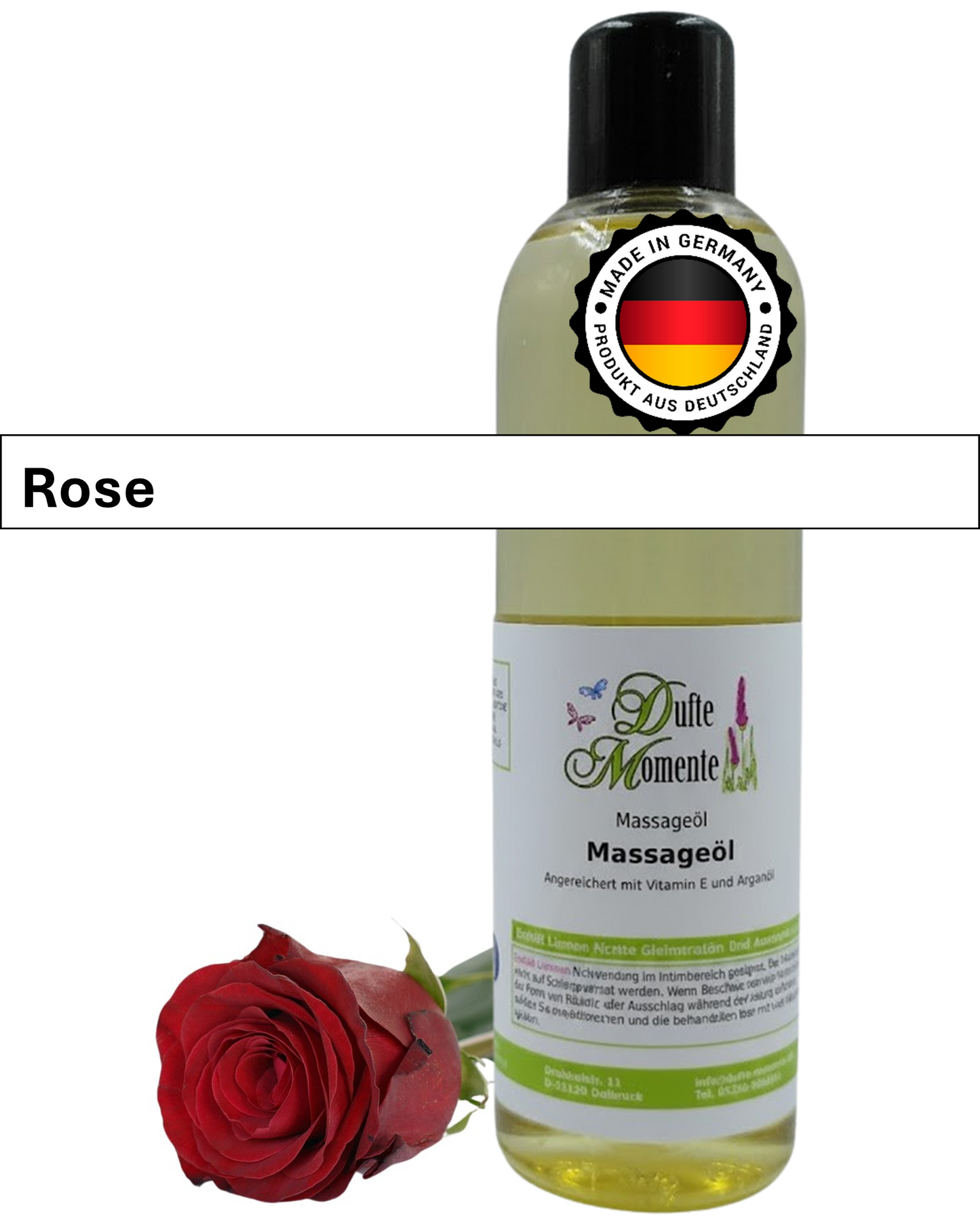 Massageöl 250ml Flasche mit Duftbanner Rose