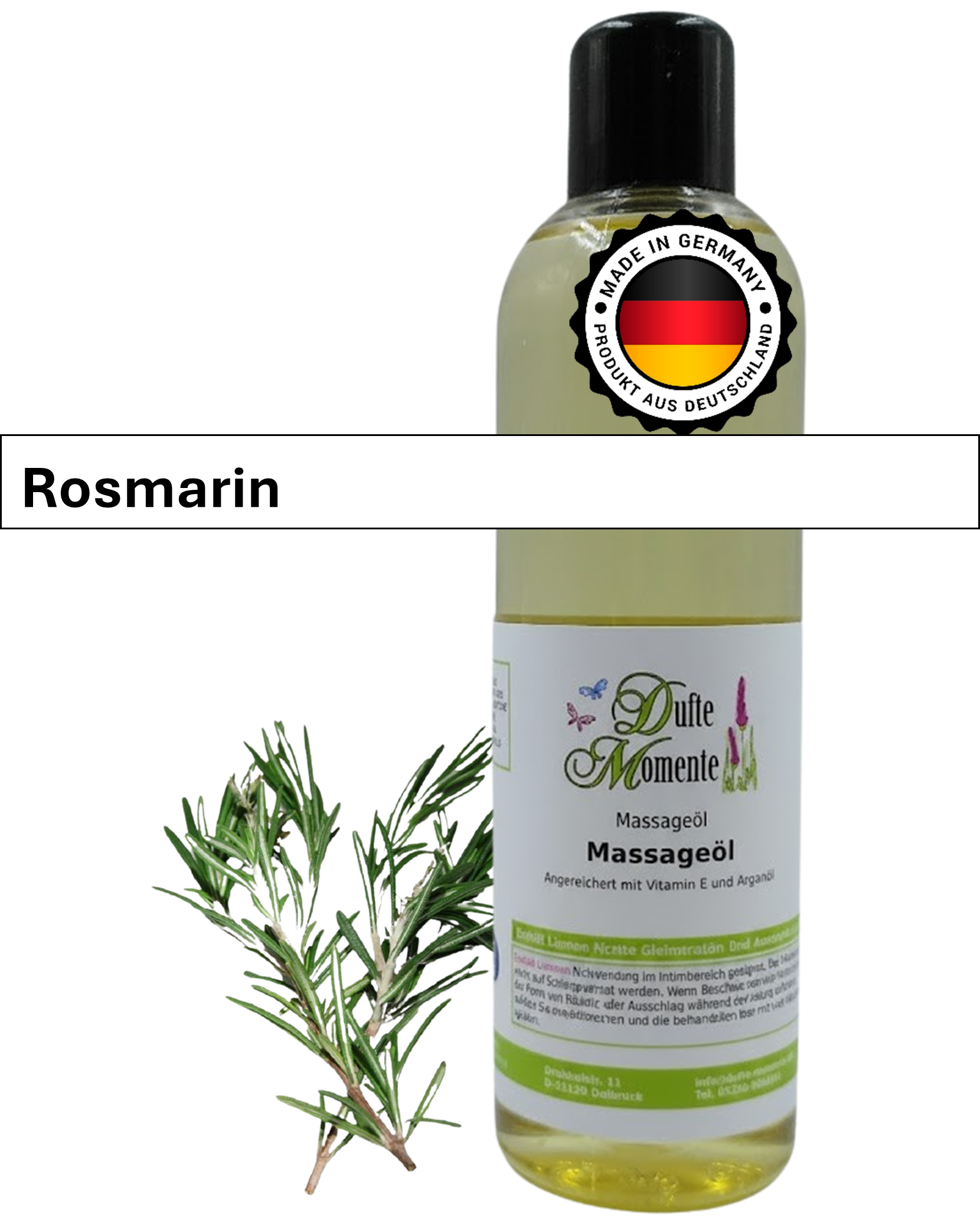 Massageöl 250ml Flasche mit Duftbanner Rosmarin