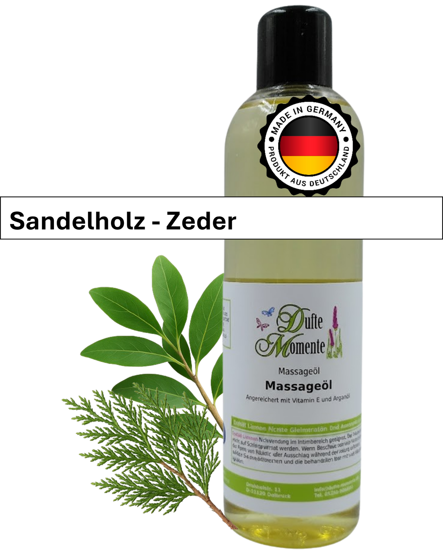Massageöl 250ml Flasche mit Duftbanner Sandelholz-Zeder