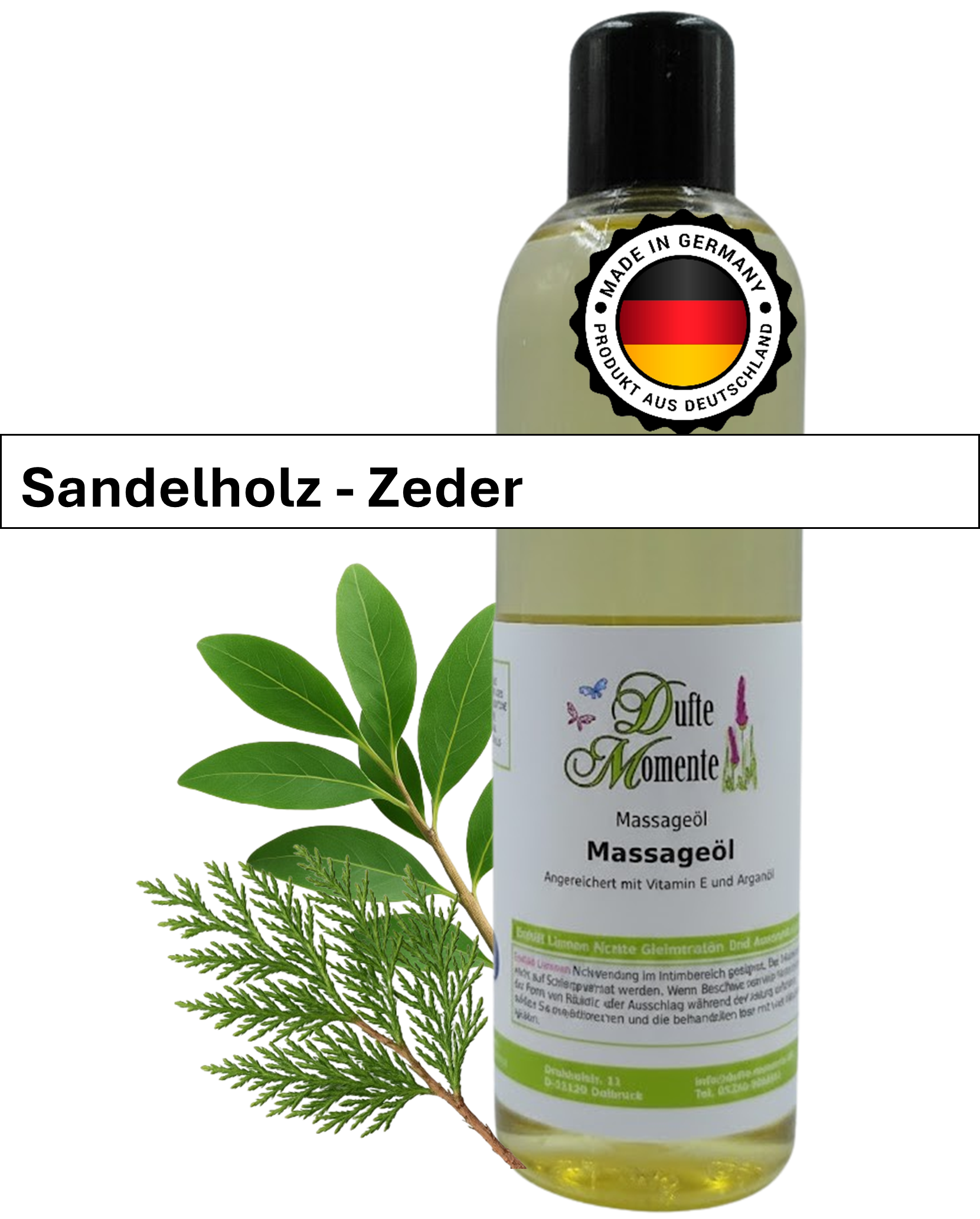 Massageöl 250ml Flasche mit Duftbanner Sandelholz-Zeder