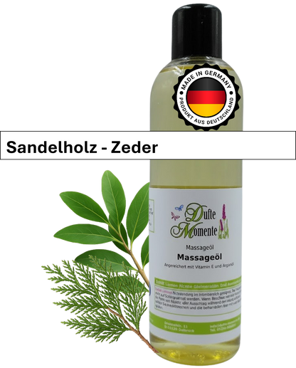 Massageöl 250ml Flasche mit Duftbanner Sandelholz-Zeder