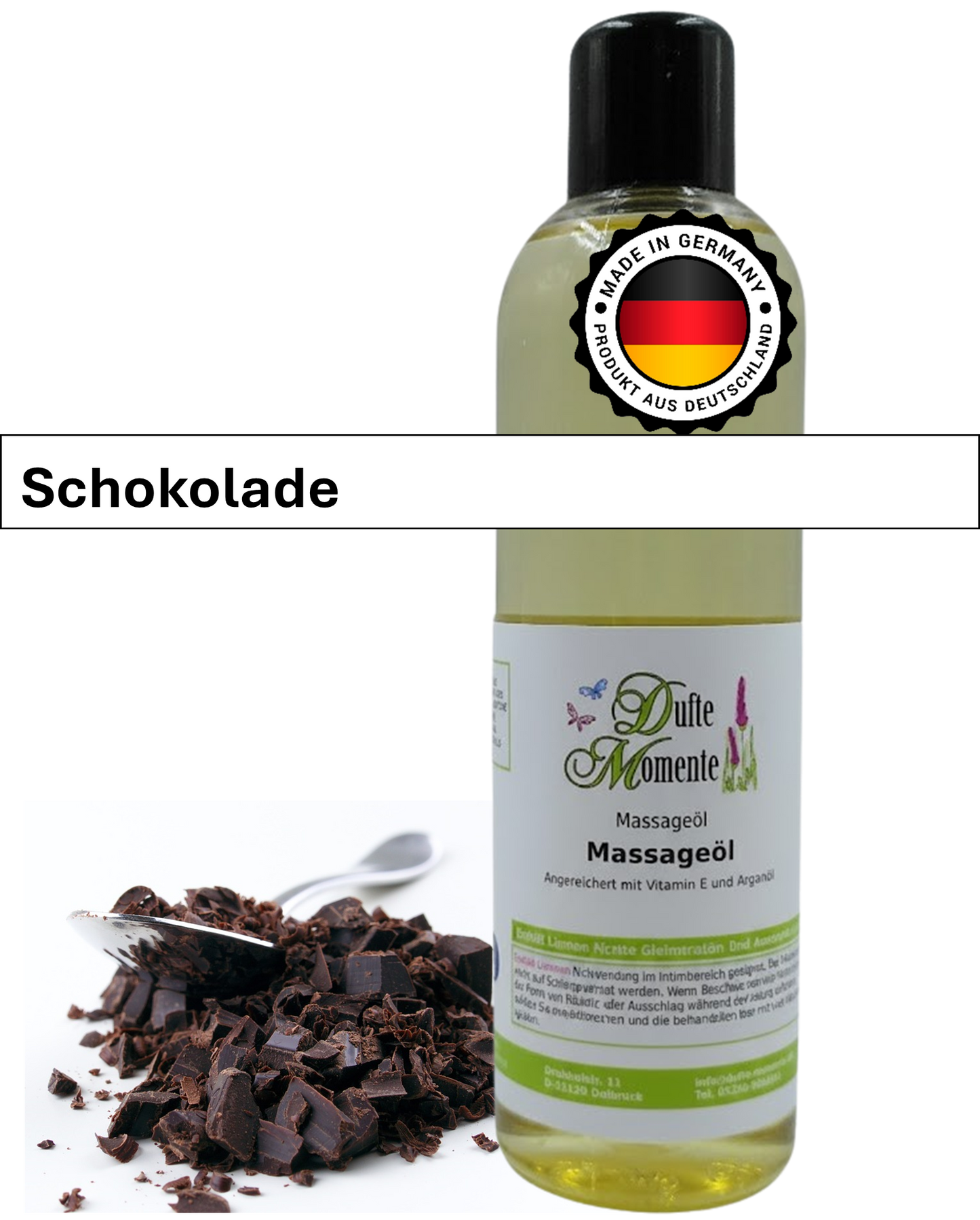 Massageöl 250ml Flasche mit Duftbanner Schokolade