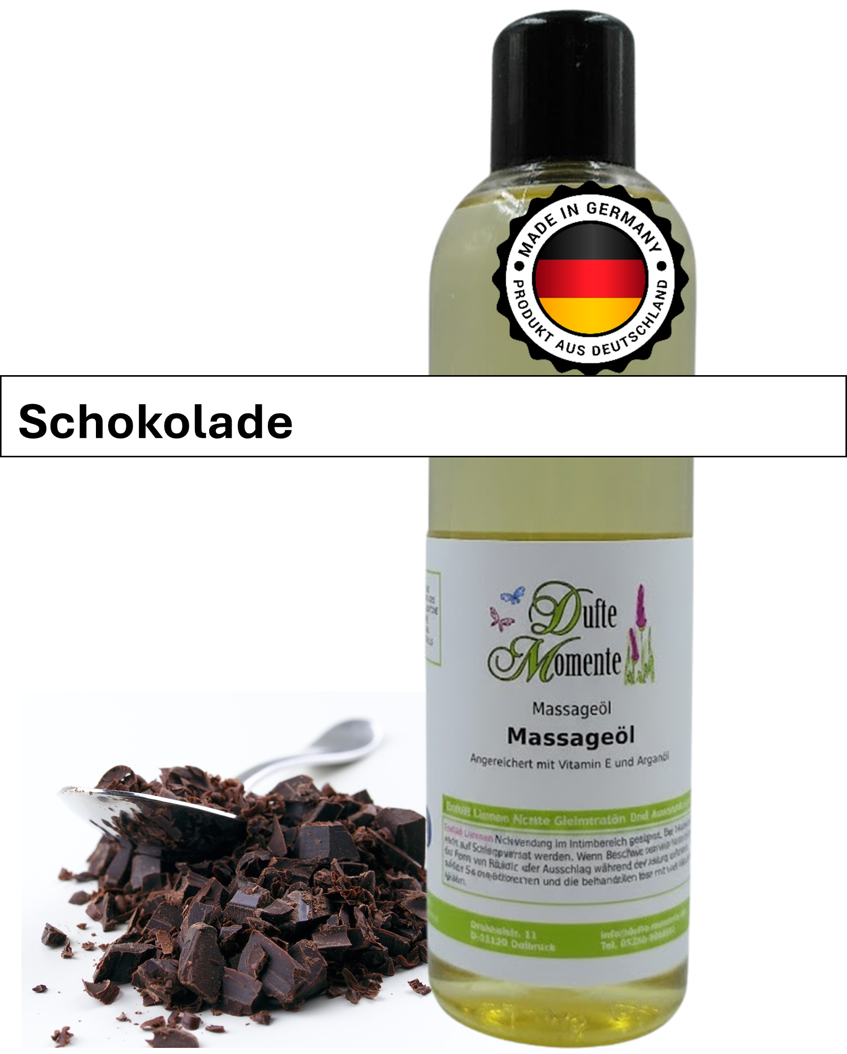 Massageöl 250ml Flasche mit Duftbanner Schokolade