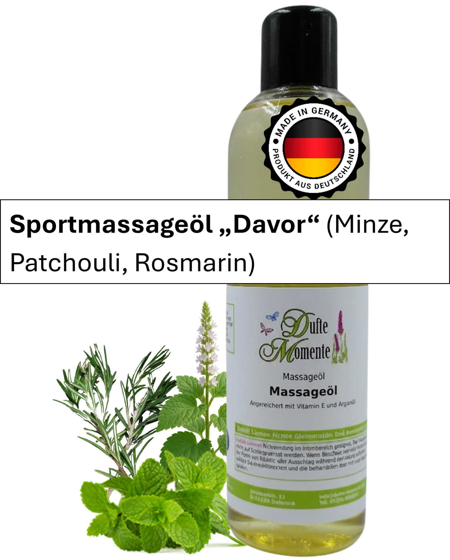 Massageöl 250ml Flasche mit Duftbanner Davor