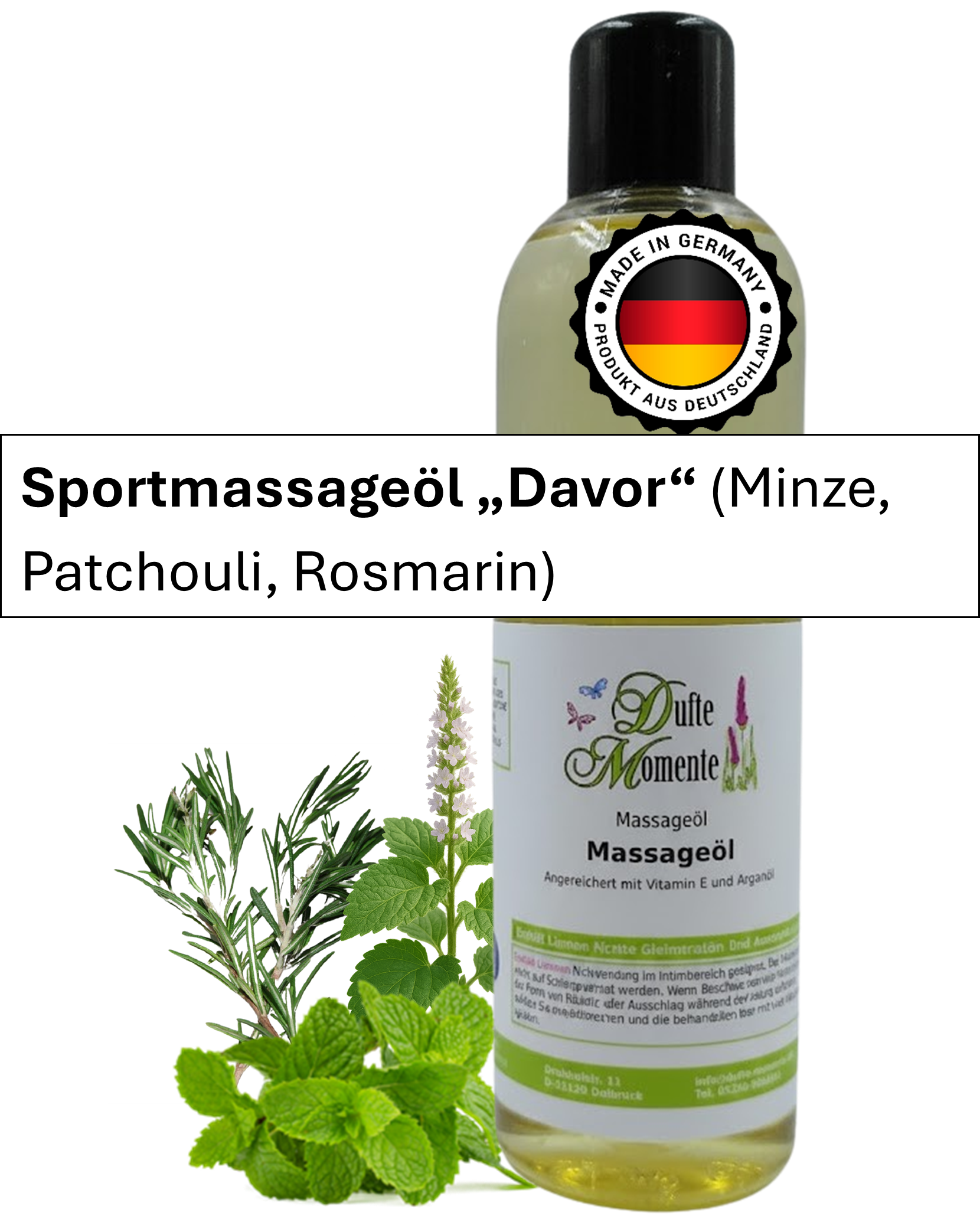 Massageöl 250ml Flasche mit Duftbanner Davor