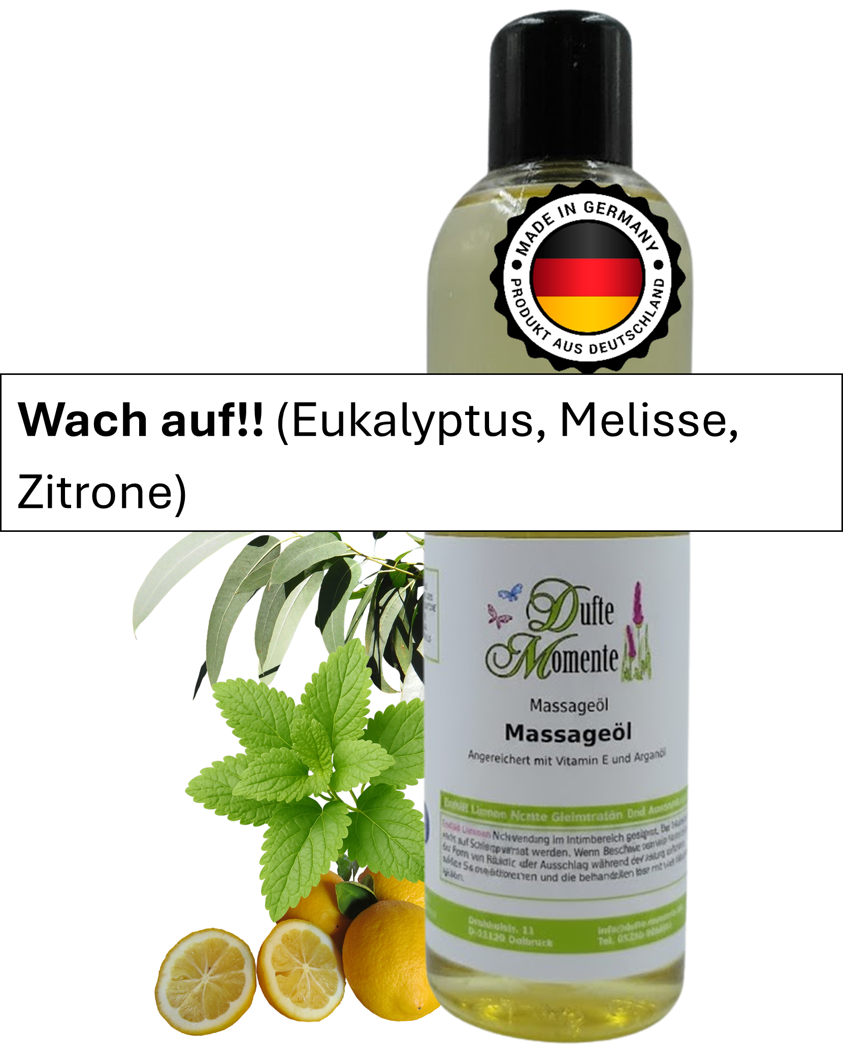 Massageöl 250ml Flasche mit Duftbanner wach auf