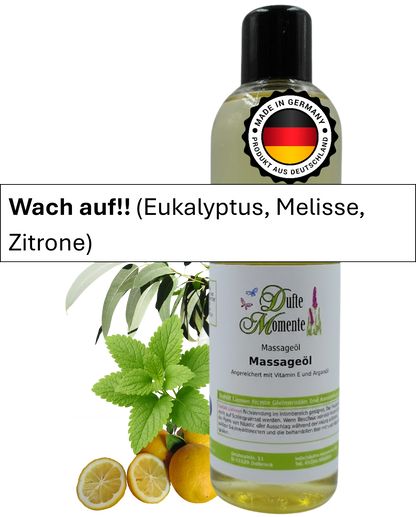 Massageöl 250ml Flasche mit Duftbanner wach auf